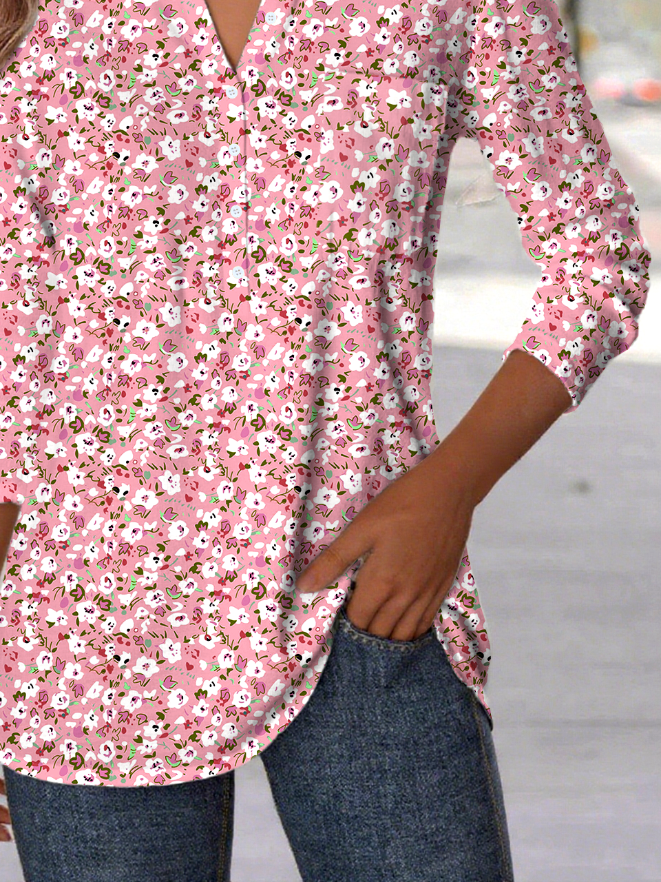 Women's Floral Pattern Patch Pocket Long Sleeve Shirt Regular Top