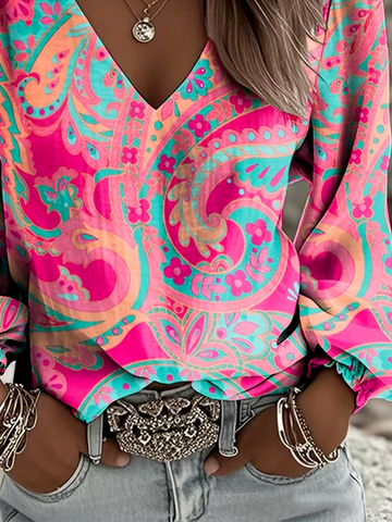 Women's Blouse Summer Pink Paisley Printing V Neck Daily Going Out Casual Top