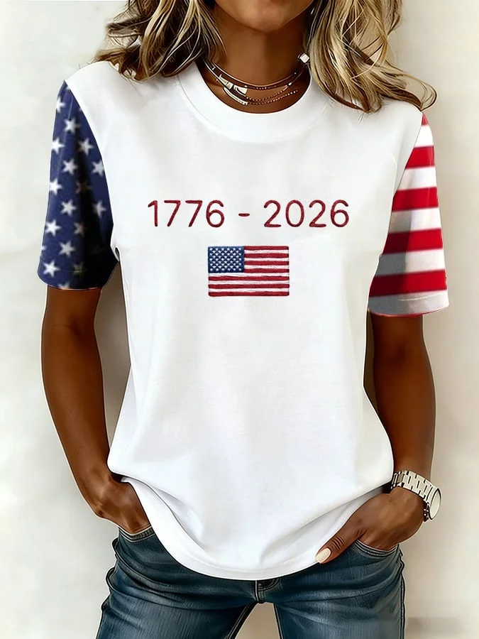 Women's Short Sleeve T-shirt Summer White Independence Day (Flag) Printing Jersey Crew Neck Daily Going Out Casual Top