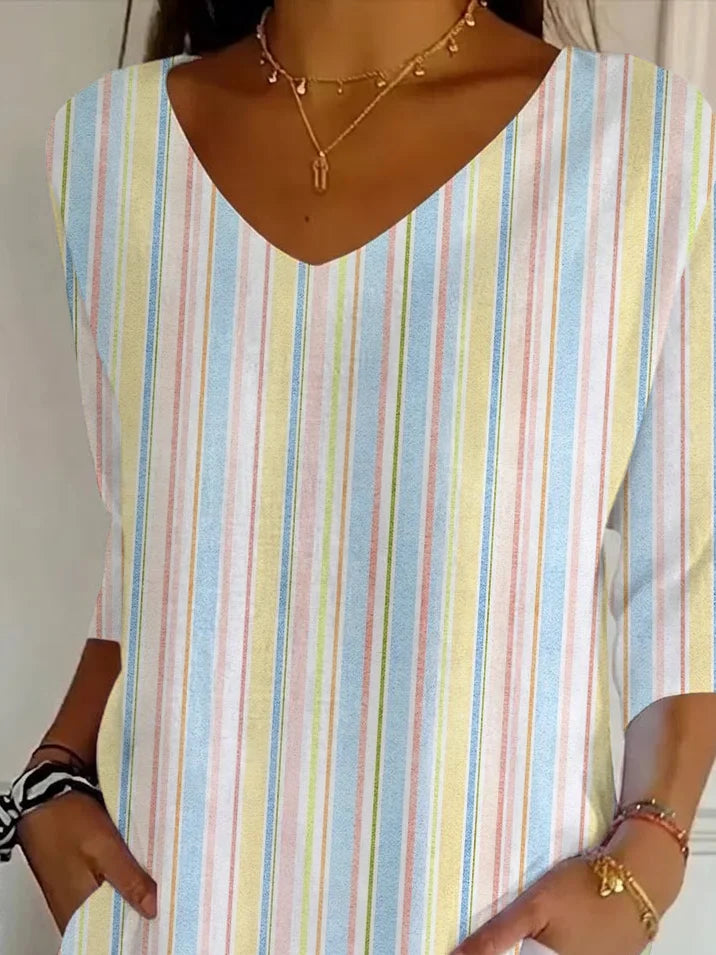 Women's Three Quarter Sleeve T-shirt Spring/Fall As Picture Striped Printing V Neck Daily Going Out Casual Top