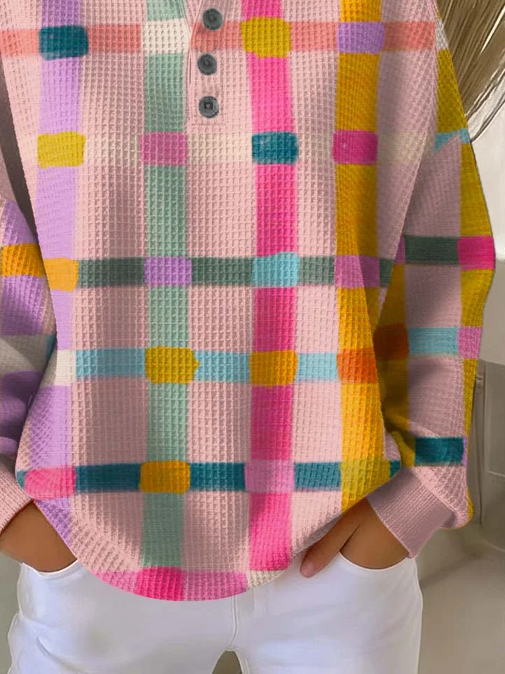 Women's Abstract Print Button-Up Casual Waffle Knit Sweatshirt