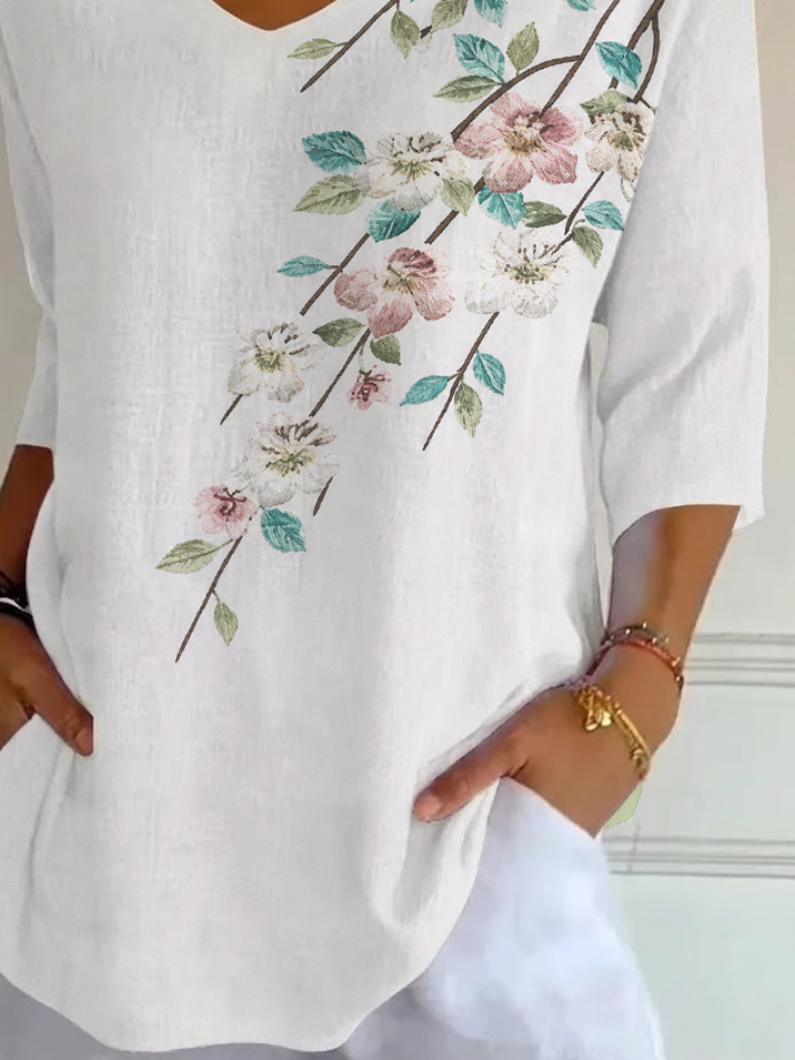 Women's Three Quarter Sleeve T-shirt Spring/Fall White Floral Printing V Neck Daily Going Out Casual Top