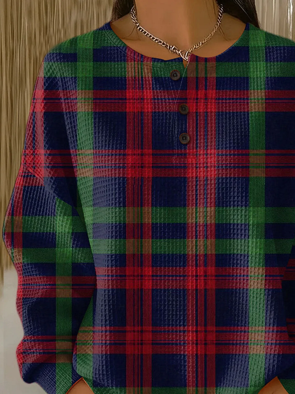 Women's Plaid Print Button-Up Casual Waffle Knit Sweatshirt