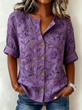 Women's Purple Floral Print Blouse Short Sleeve Button Down Casual Top