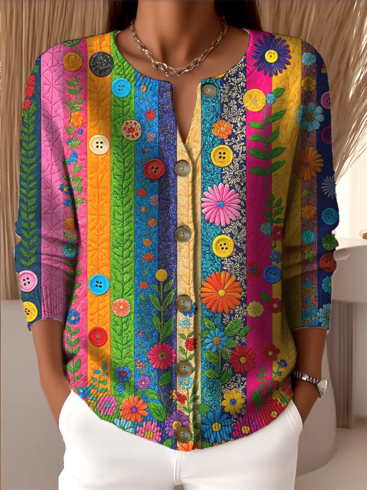 Colorful Floral Print Long Sleeve Button Down Cardigan Boho Casual Cardigan