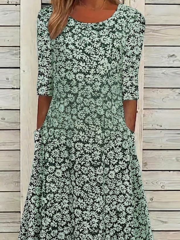 Women's Short Sleeve Summer Green Floral Printing Crew Neck Daily Going Out Casual Maxi H-Line Shift Dress Dress