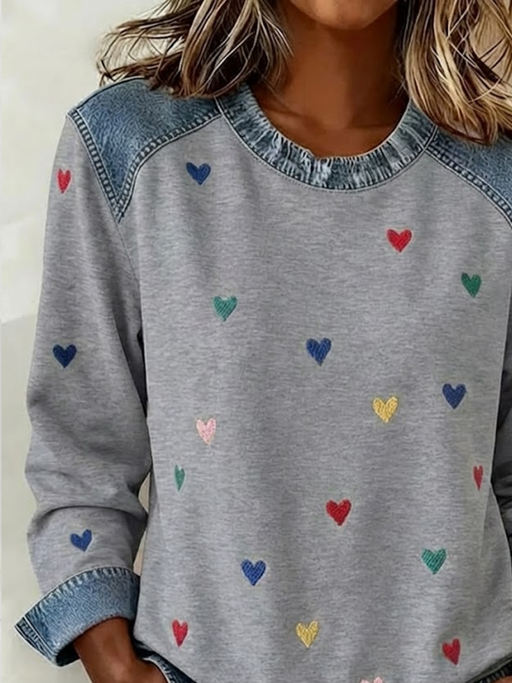 Women's Love Print Print Patchwork Denim Crewneck Long-Sleeved Sweatshirt