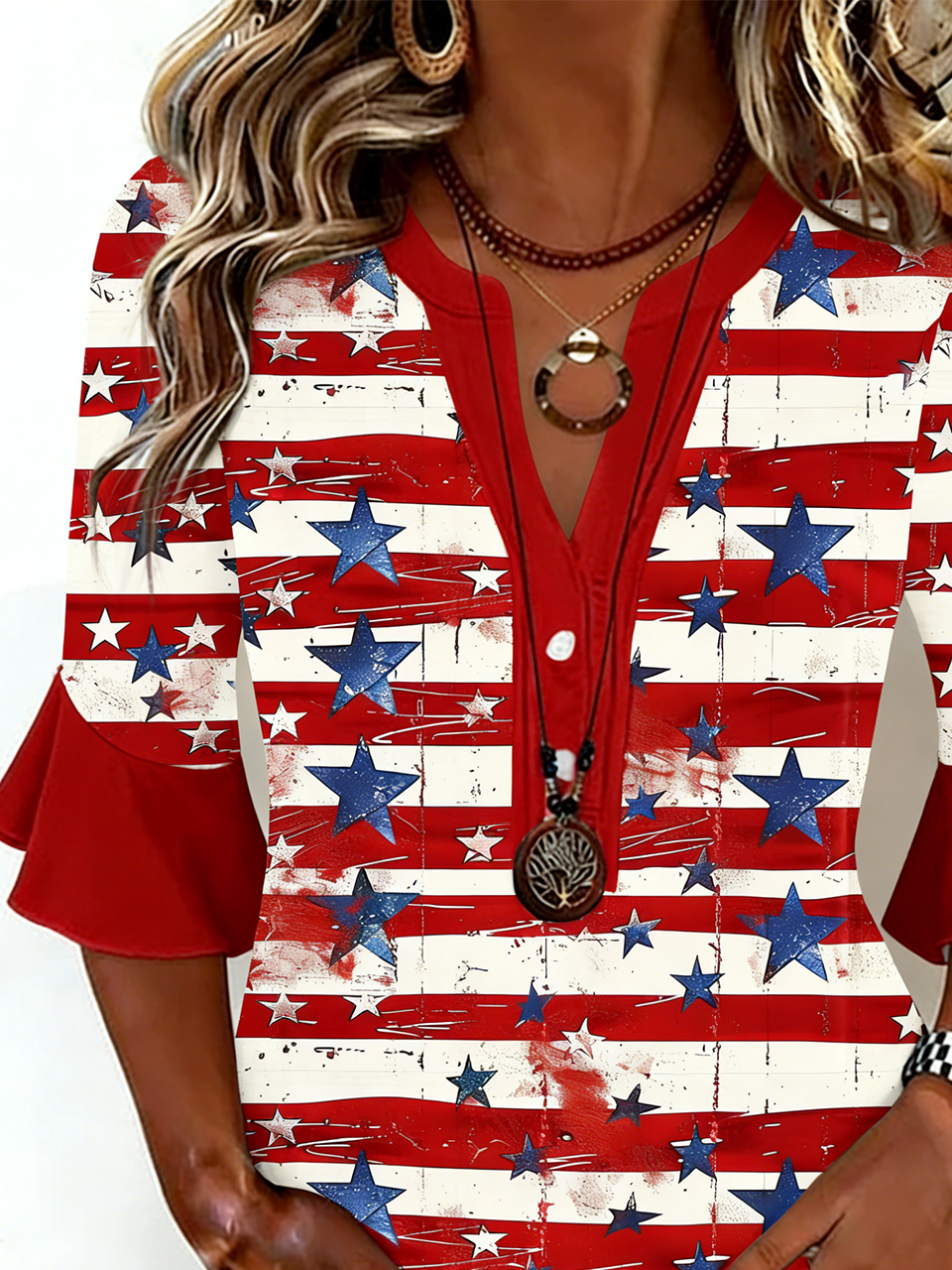 Women's V-Neck Multi-Layered Lace Design Shirt