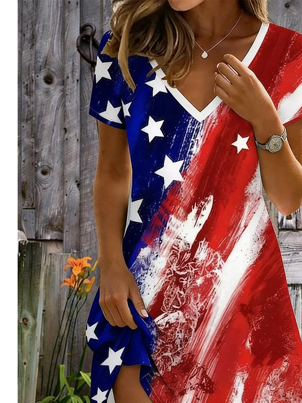 V Neck Independence Day Casual Loose Dress With No