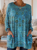 Women's Long Sleeve T-shirt Spring/Fall Blue Floral Printing Crew Neck Daily Going Out Casual Top