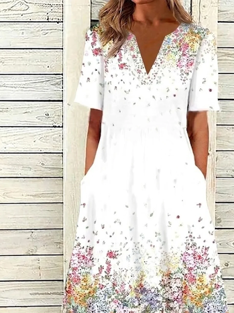 White Multicolor Floral Print V Neck Short Sleeve Maxi Dress