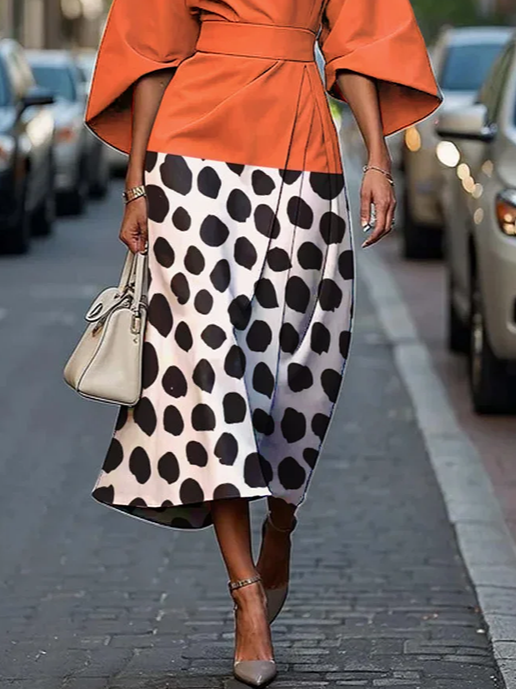 Women's Half Sleeve Summer Orange Polka Dots Printing Crew Neck Daily Going Out Vintage Maxi H-Line Fit & Flare Dress Dress