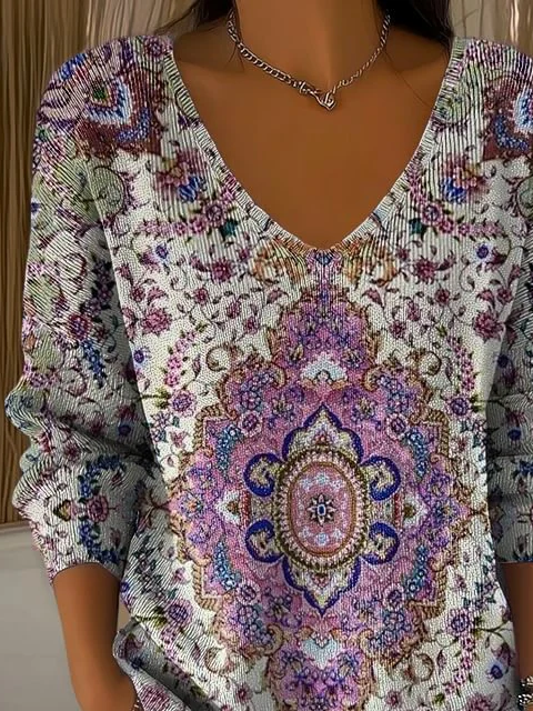 Women's Long Sleeve T-shirt Spring/Fall Purple Ethnic Printing V Neck Daily Going Out Casual Top