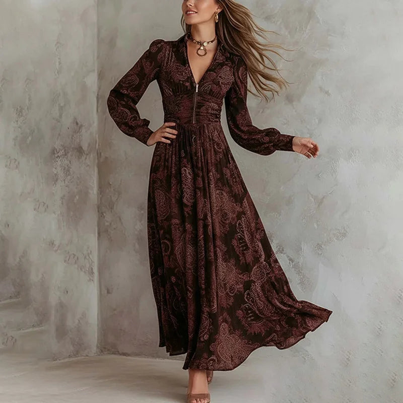 Women's Brown Paisley Print Maxi Dress Collared Long Sleeve Zip Front Bohemian Party Dress