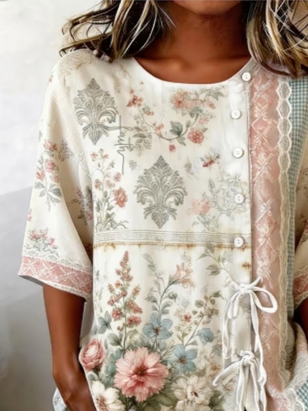 Women's Half Sleeve Shirt Summer As Picture Floral Crew Neck Daily Going Out Vintage Top
