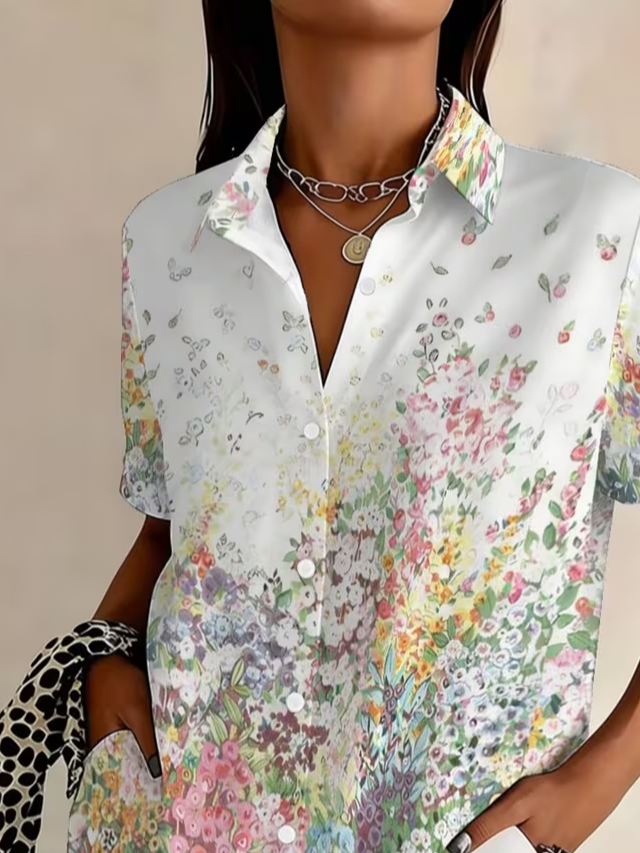 Women's Short Sleeve Shirt Summer White Floral Printing Shirt Collar Daily Going Out Casual Top