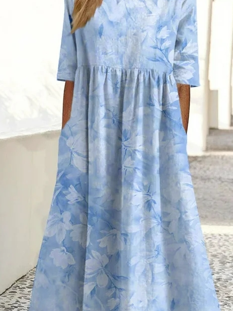 Loose Crew Neck Floral Casual Dress With No