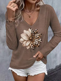 Women's Long Sleeve T-shirt Spring/Fall Brown Floral Printing Jersey V Neck Daily Going Out Casual Top