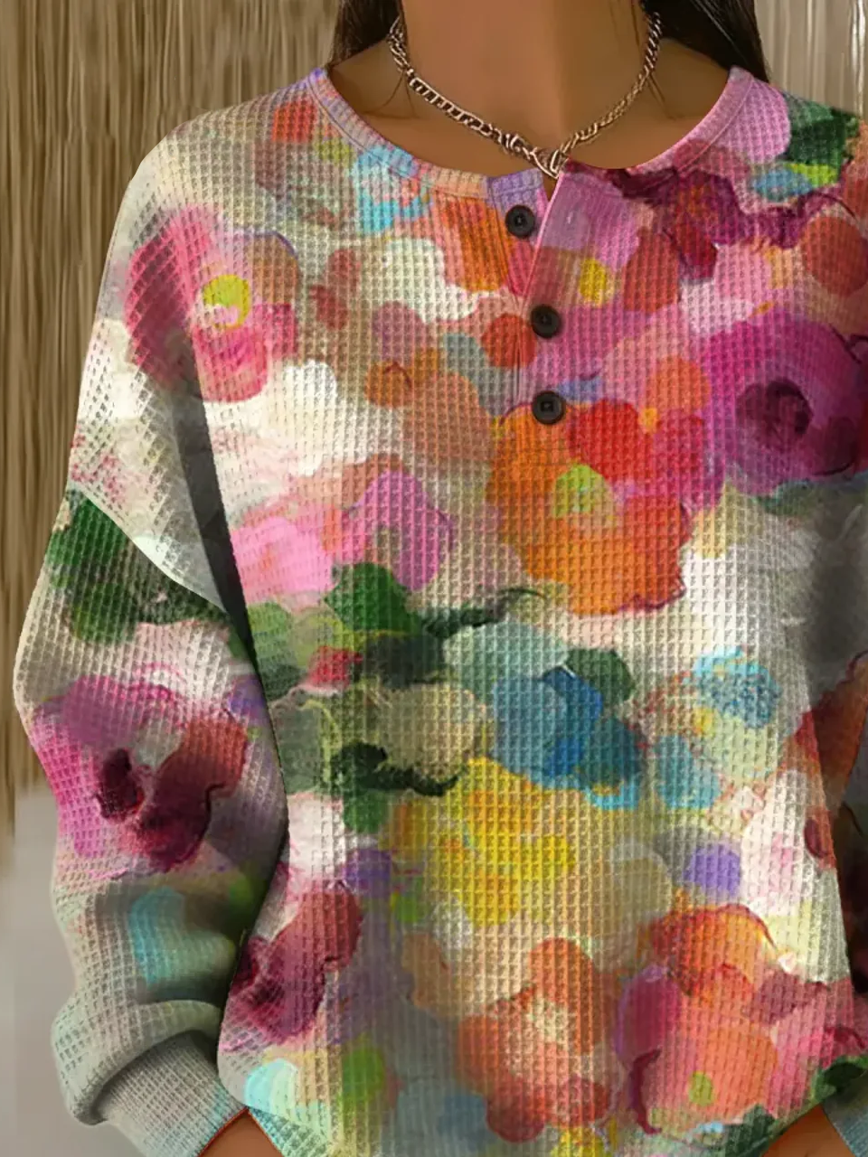 Women's Flowers Print Button-Up Casual Waffle Knit Sweatshirt