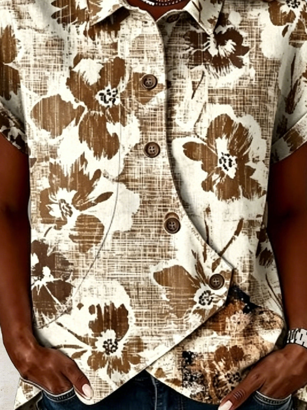 Vintage Floral Shawl Collar Short Sleeve Asymmetry Placket Design Button Summer Going Out Casual Shirt