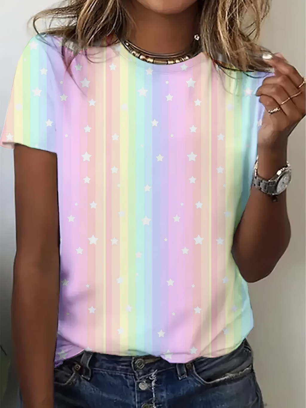 Women's Short Sleeve T-shirt Summer As Picture Star Printing Jersey Crew Neck Daily Going Out Casual Top