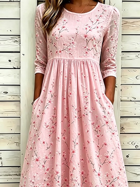 Women's Half Sleeve Summer Pink Floral Printing Crew Neck Daily Going Out Casual Maxi H-Line Dress