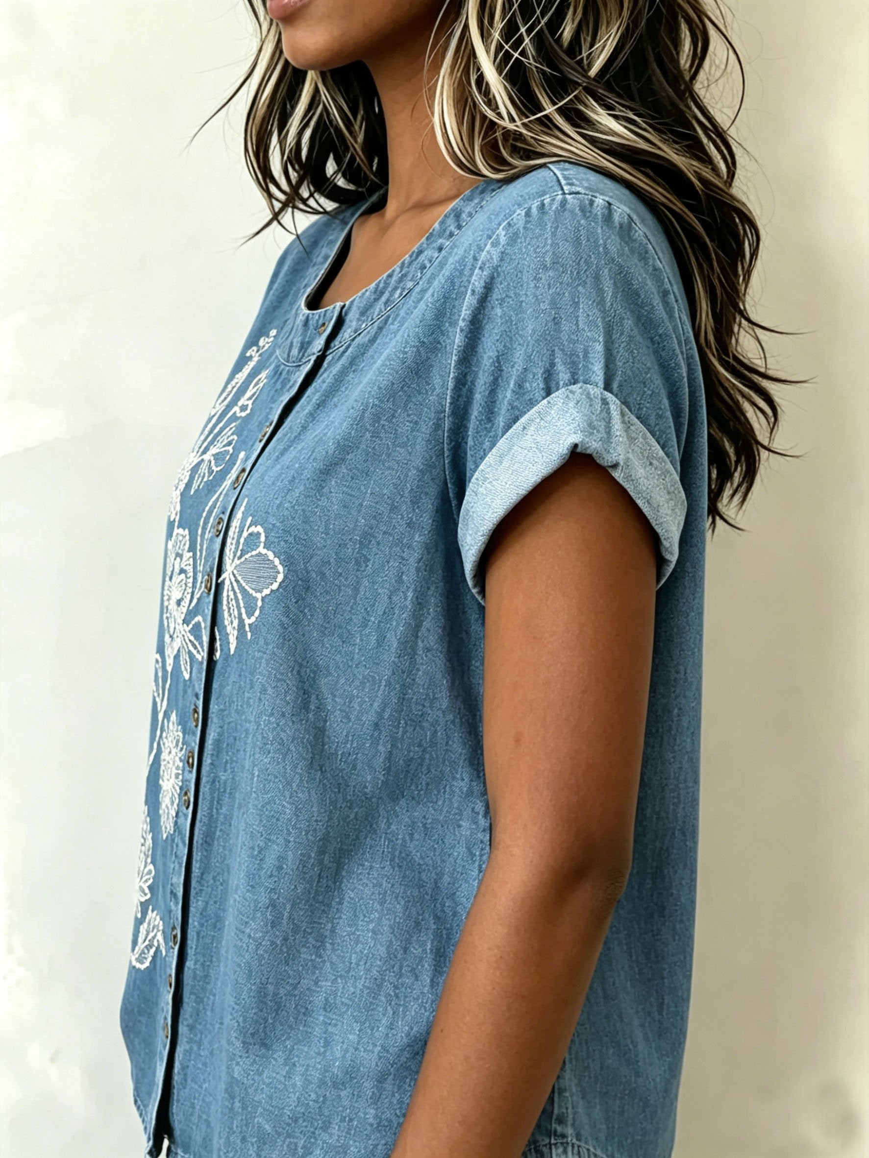 3D Printing Denim Blue Casual Linen Blend Crew Neck Loose Casual Top