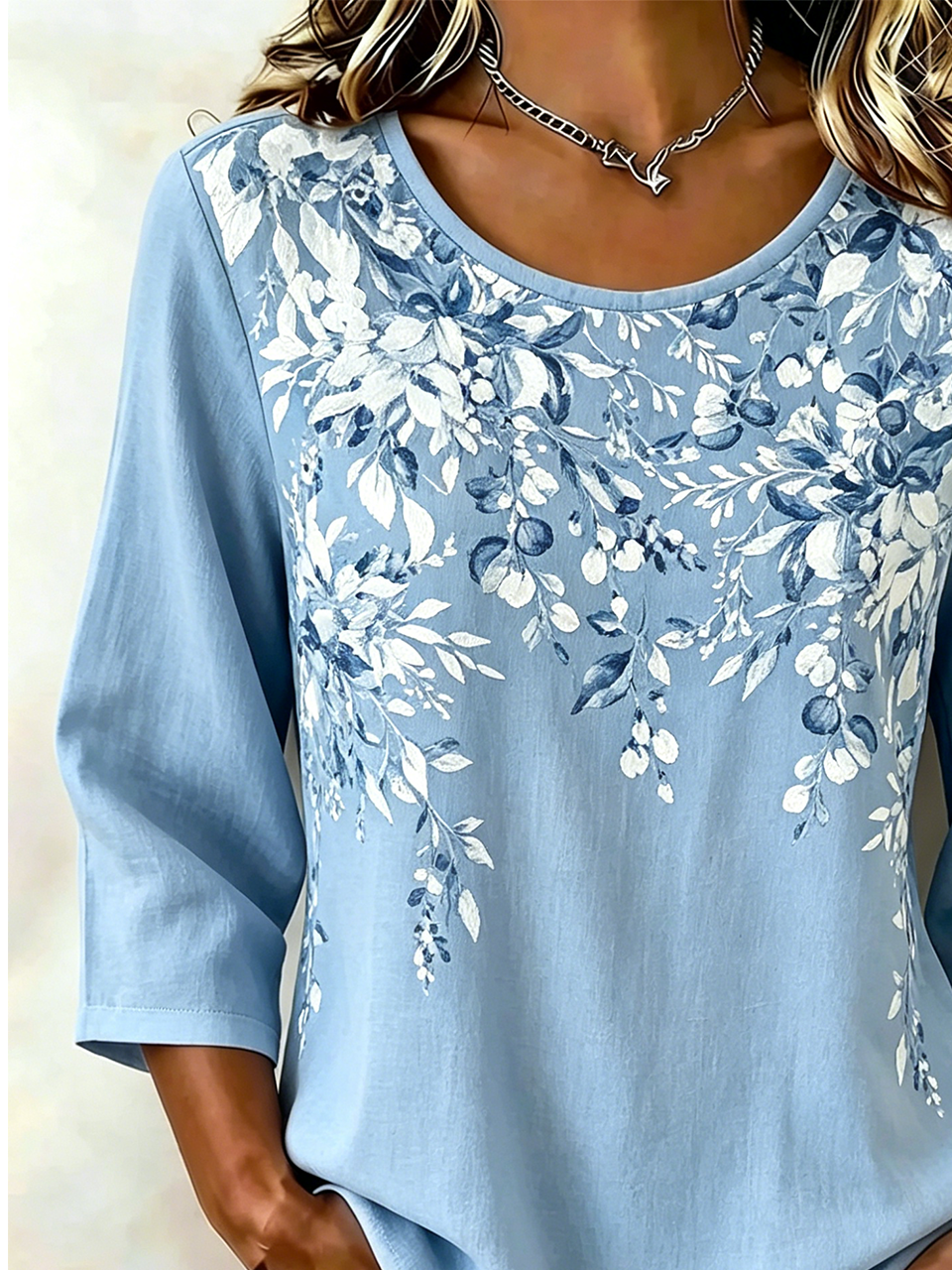Cotton And Linen Elegant Floral Crew Neck Shirt