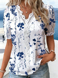 Blue Floral Short Sleeve Ruffle V Neck Lace Trim Summer Going Out Casual Blouse