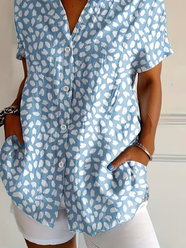 Women's Short Sleeve Shirt Summer Blue Abstract Printing Shirt Collar Daily Going Out Casual Top