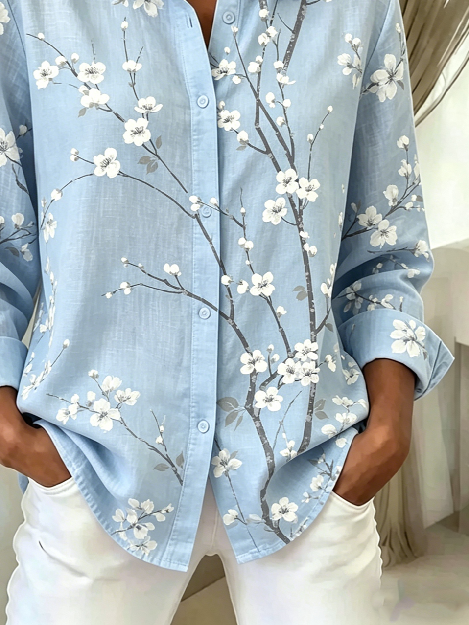 Loose Shirt Collar Botanical Pattern Simple Shirt