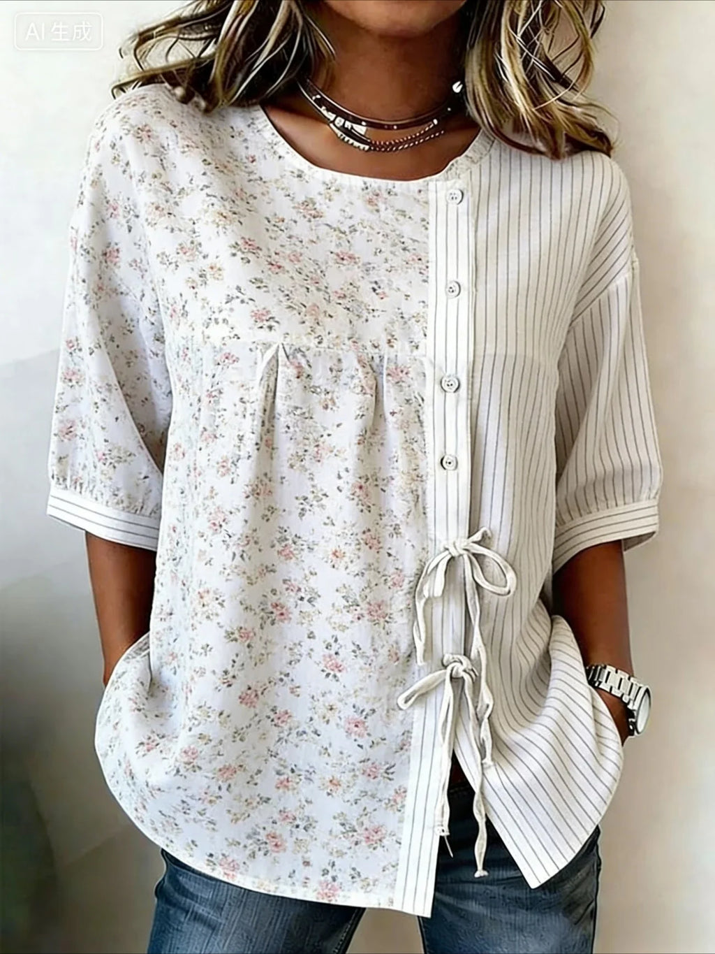 Women's Half Sleeve Shirt Summer White Floral Crew Neck Daily Going Out Vintage Top