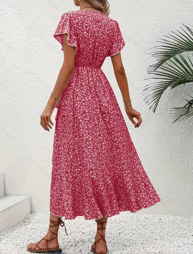V Neck Ditsy Floral Regular Fit Elegant Dress With No