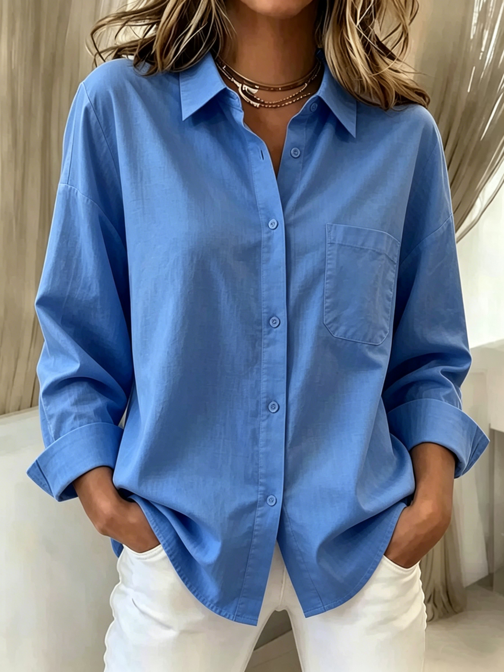 Shawl Collar Casual Loose Plain Shirt