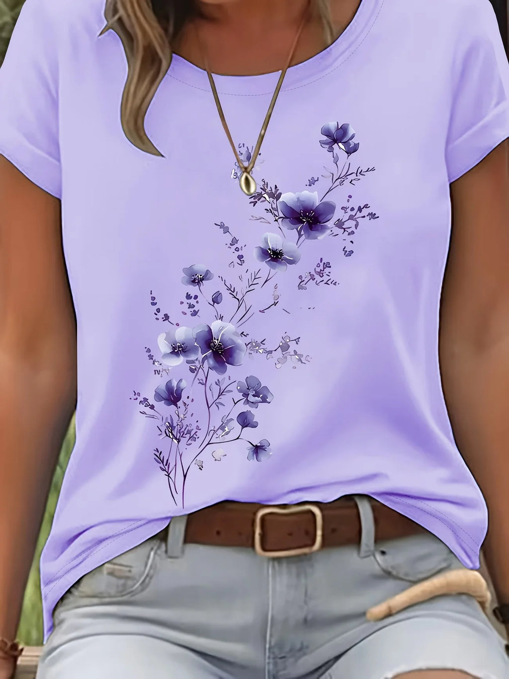 Women's Short Sleeve T-shirt Summer Purple Floral Printing Jersey Crew Neck Daily Going Out Casual Top