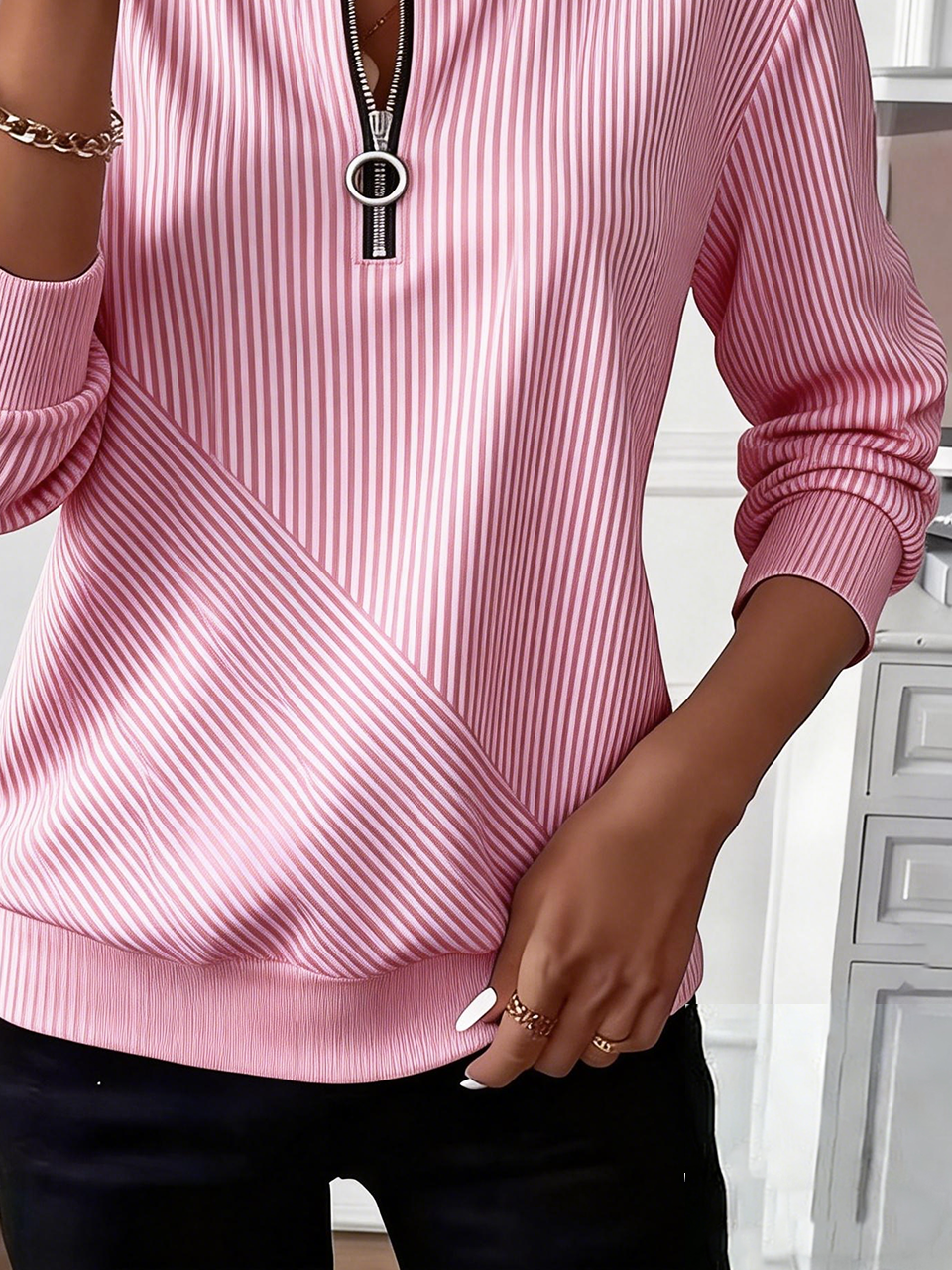 Crew Neck Casual Striped Loose Sweatshirt