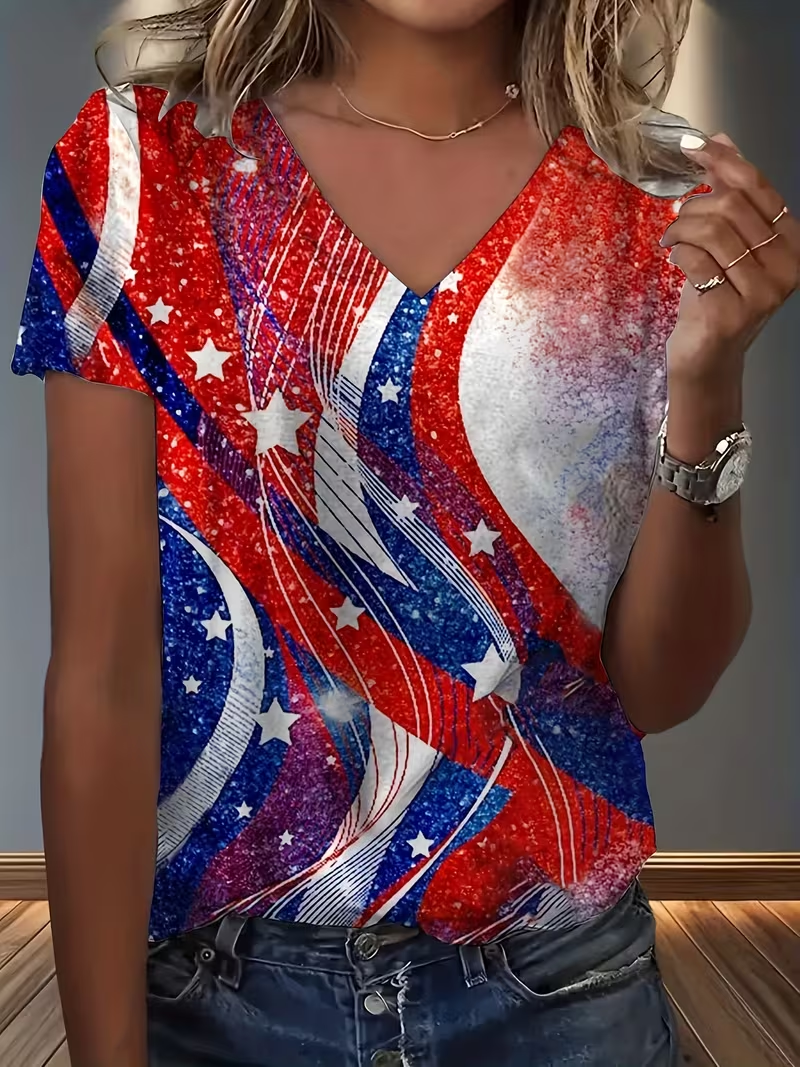 Women's Short Sleeve T-shirt Summer As Picture Star Printing V Neck Holiday Going Out Vintage Top