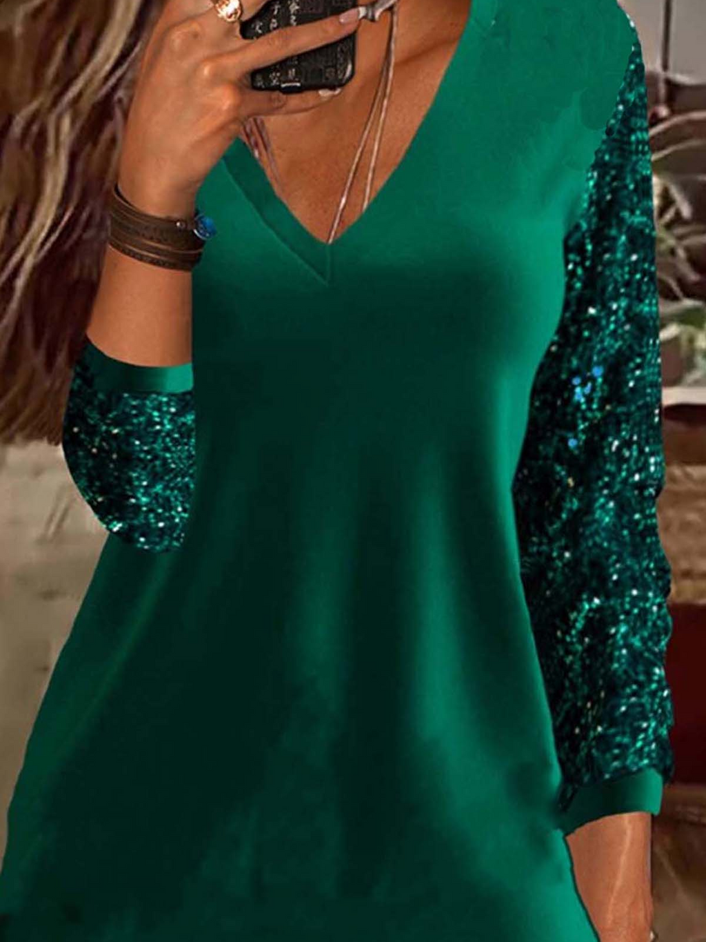 Women's Sequined Rhinestone Long Sleeve Casual Basic V-Neck Sweatshirt
