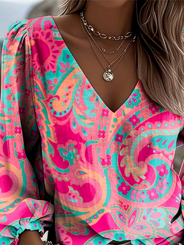Women's Blouse Summer Pink Paisley Printing V Neck Daily Going Out Casual Top
