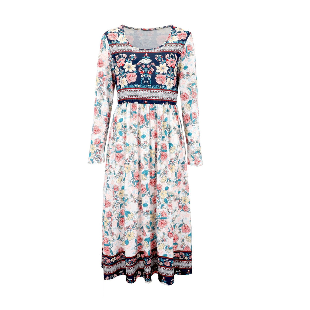 Floral Vintage Loose Crew Neck Dress With No