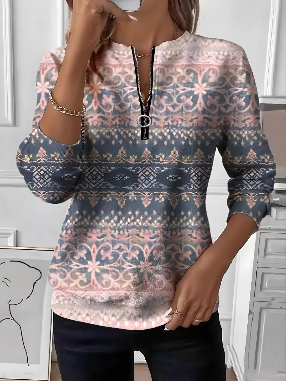 Women's Geometric Gradient Pattern Long Sleeve Front Center Zipper Casual Sweatshirt Regular Top