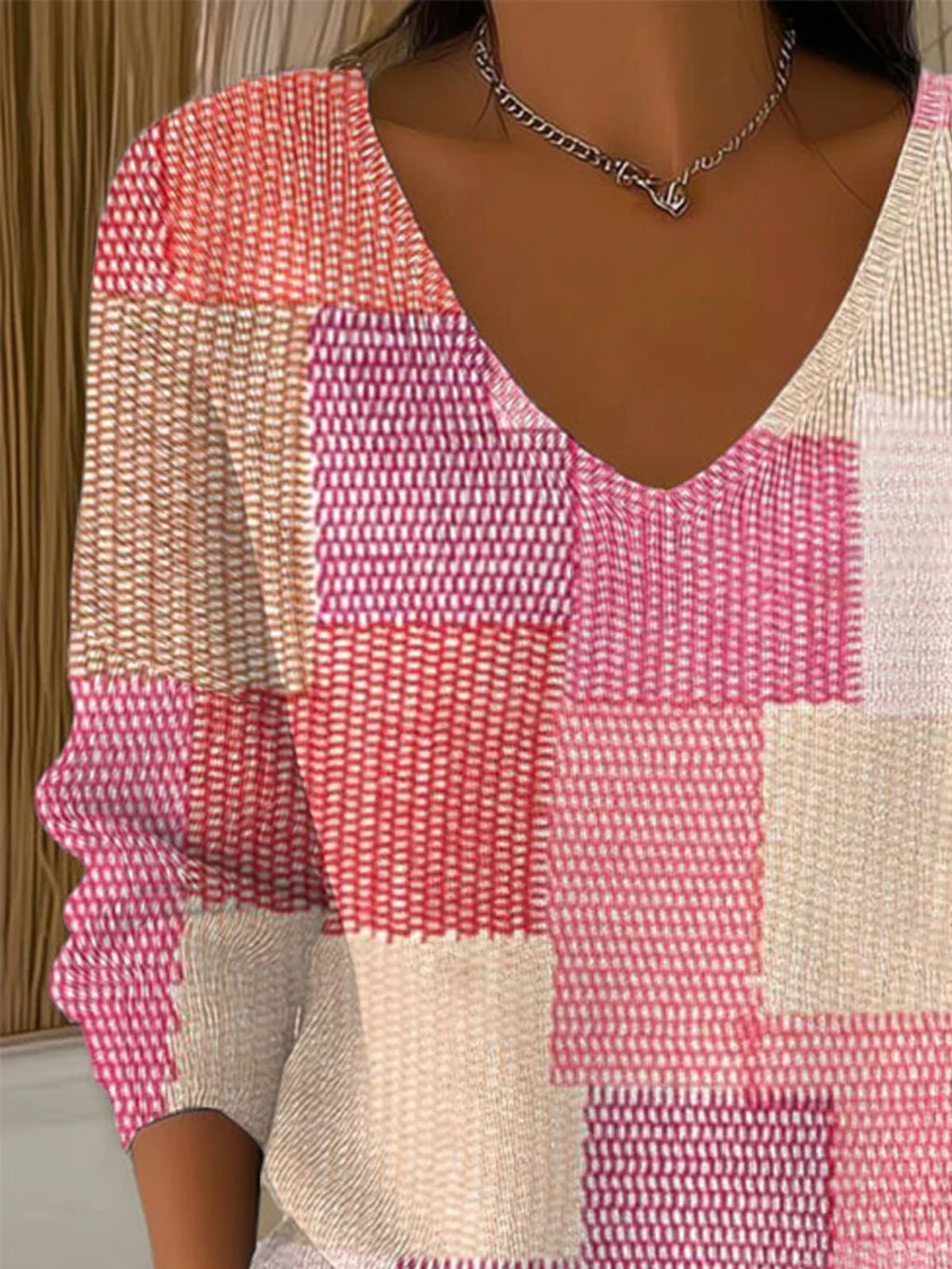 V Neck Casual Colorblock Sweater