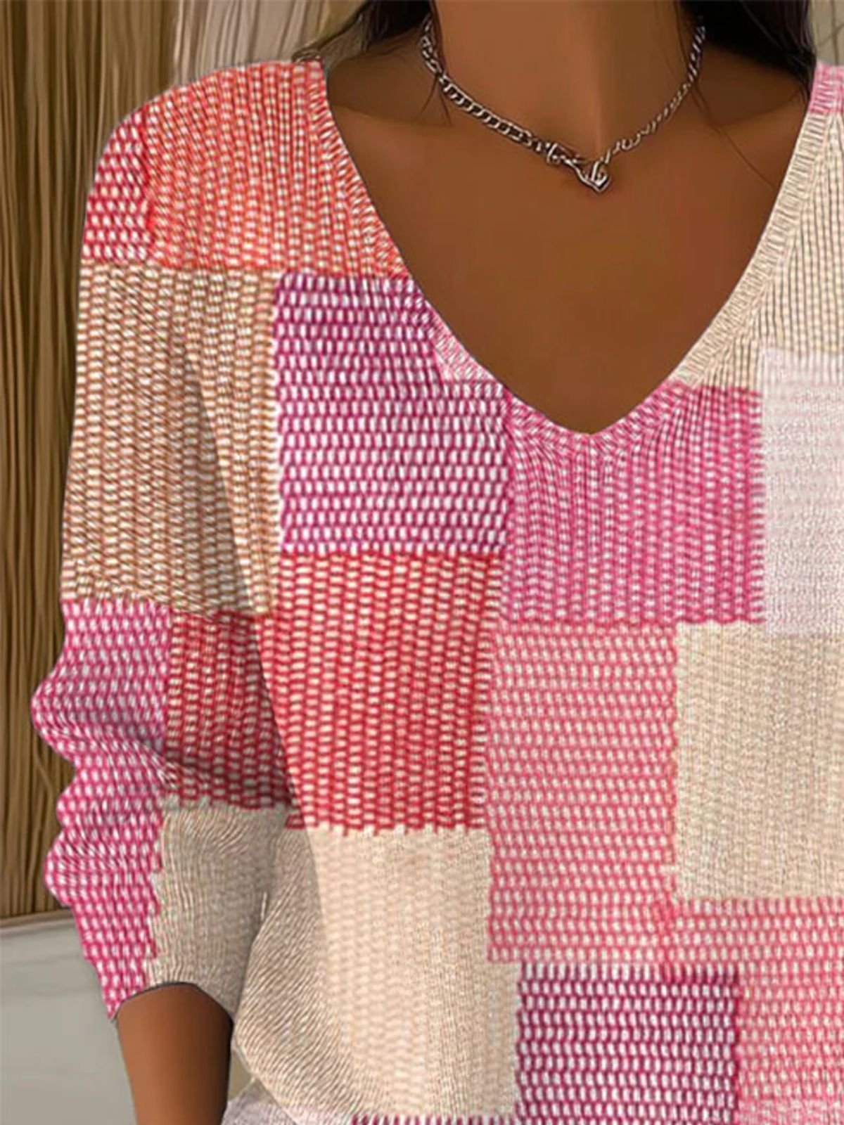 V Neck Casual Colorblock Sweater