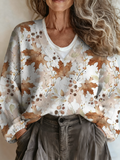 Casual Botanical Pattern V Neck Sweater