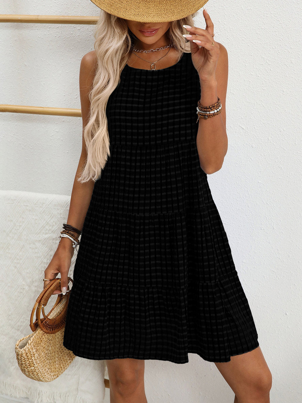 Plaid Crew Neck Sleeveless Going Out Casual Dress