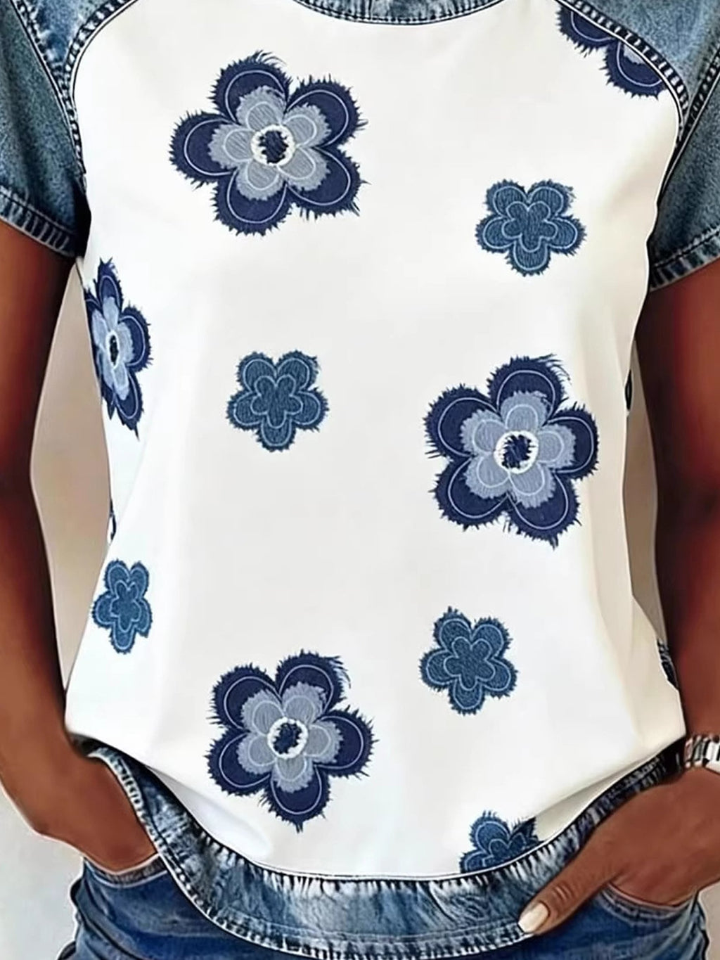 Denim Look Color Block Floral Printing Round Neck Short Sleeve Summer Going Out Casual T-Shirt