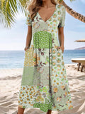 Geometric Loose Vintage V Neck Dress With No