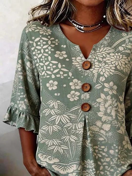 Women's Half Sleeve Blouse Summer Green Floral Printing V Neck Daily Going Out Vintage Top
