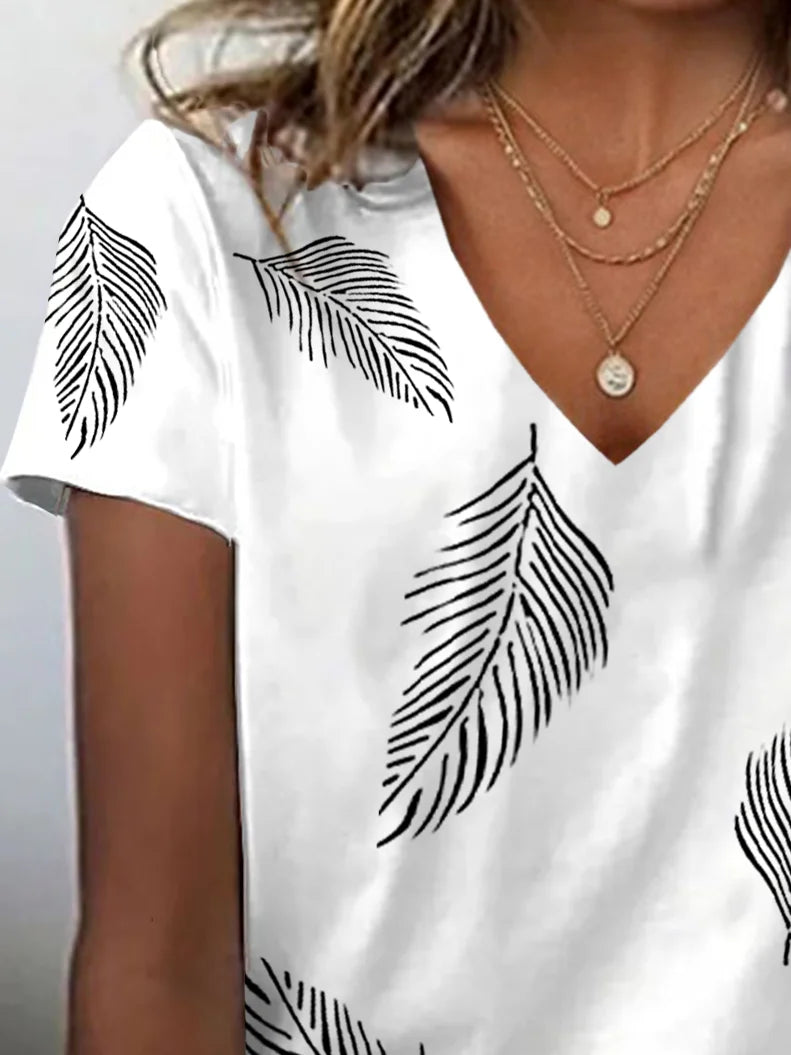 Women's Spring and Summer Feather Print Casual V-neck Short Sleeve T-shirt