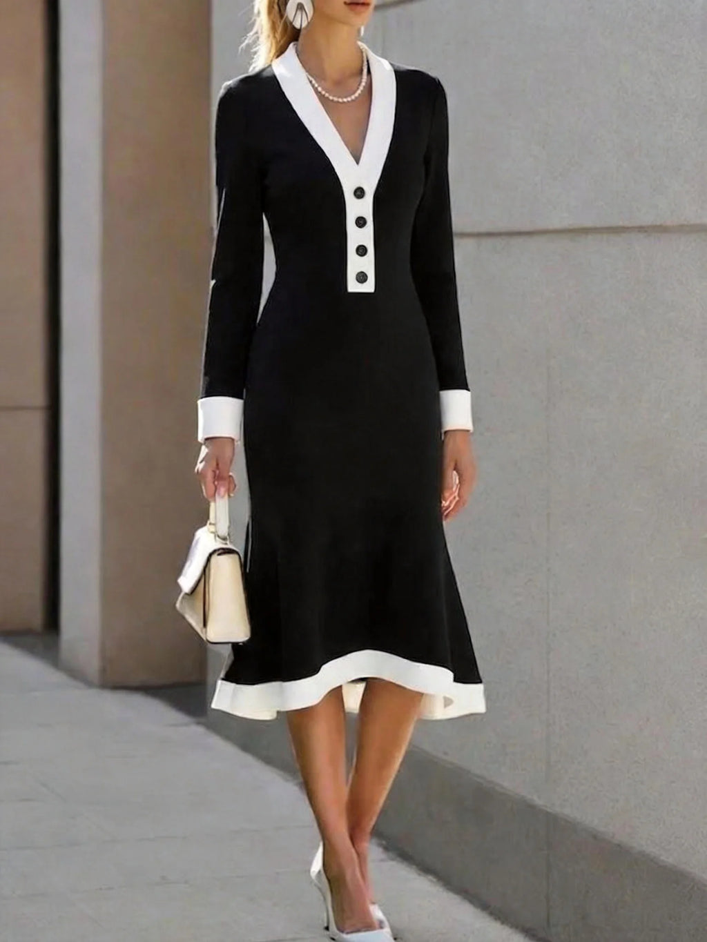 Women's Black Long Sleeve White Trim V Neck Midi Dress Elegant Bodycon Dress